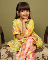 Sun-kissed mirror peplum with dhoti is perfect for festive occasions! Comfortable cotton lining, snap button closure, 3/4 sleeves with frill cuffs, and stylish checkered dhoti with side opening.